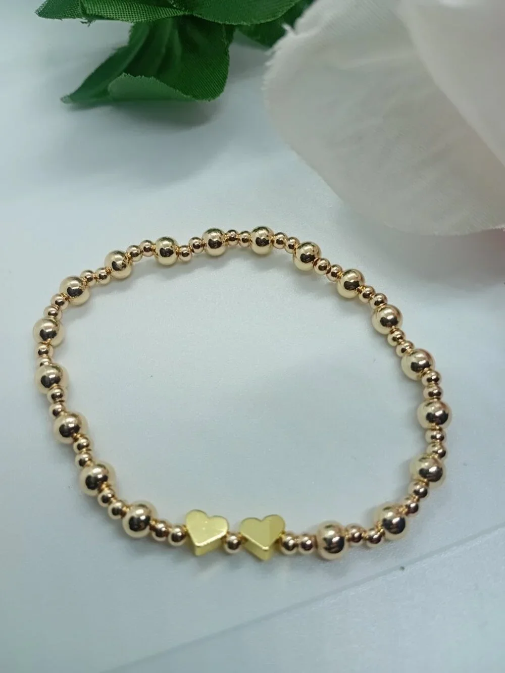 14K Gold Filled Stretch Bead Bracelet Gold Heart Charms 5MM / 3MM Stacks Women